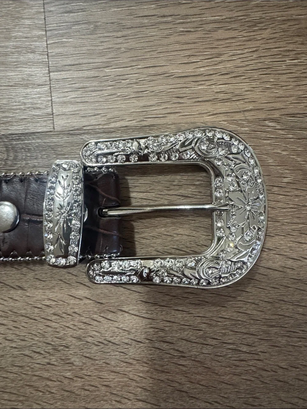 Jeweled Brown Leather Western Belt with Silver Buckle